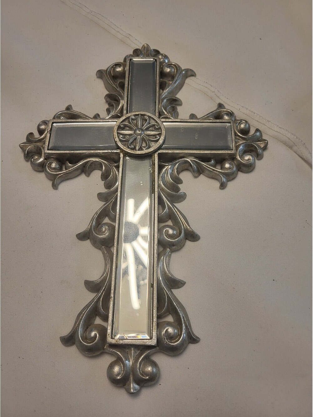 Decorative Silver Wall Cross with Mirror Inlay 11"x8"